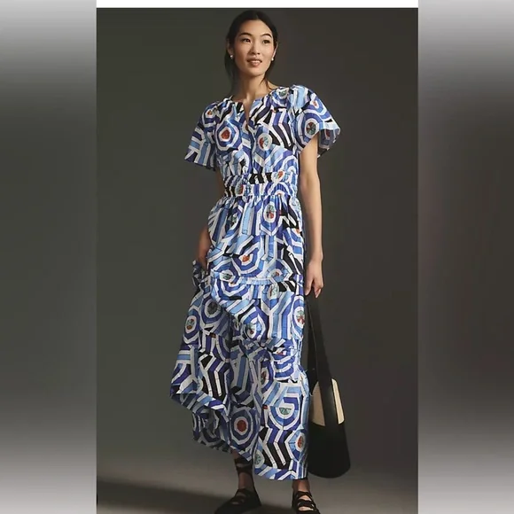 Anthropologie somerset Blue and Black Geometric Midi Dress - Picture 2 of 3